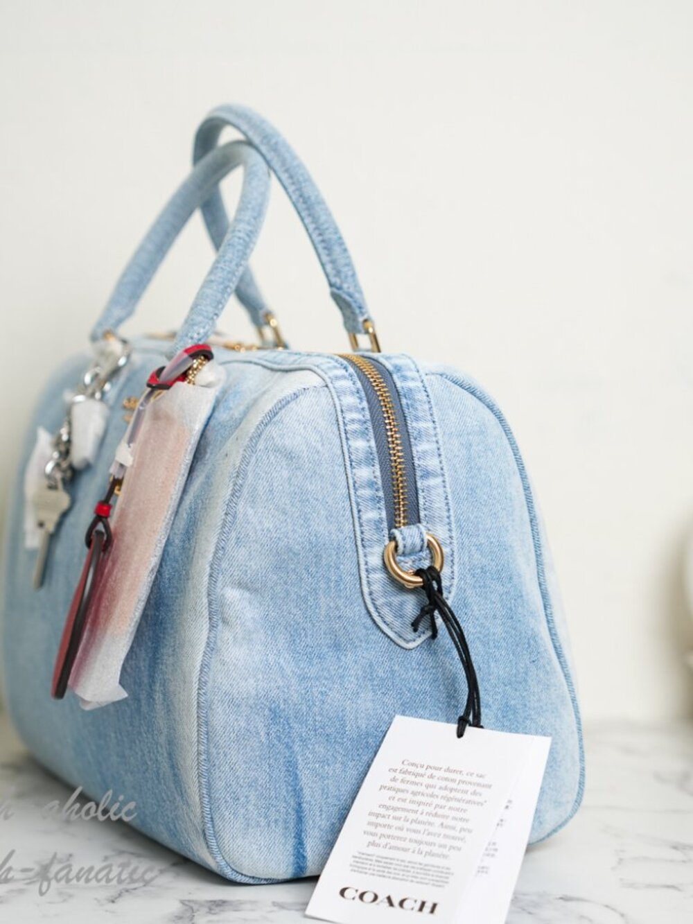 Coach CDY75  Rowan Large Satchel Bag In Loved Denim With Charms Light Indigo NWT - Picture 3 of 10